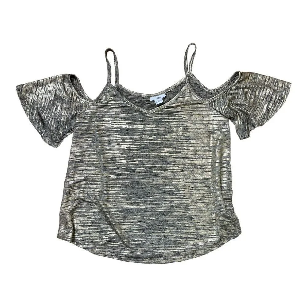 Bar lll Women’s Sz L Off The Shoulder Top Gold Silver Blouse Sexy Holiday Party
